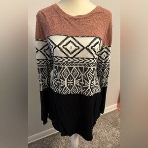 Maurice’s long sleeve shirt, size OX, black, white and a mauvy red.